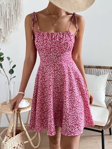 SHEIN VCAY Vestido de tirantes con estampado floral de hombros con cordón pecho con fruncido bajo con fruncido - Rosa Fucsia - Ver 7