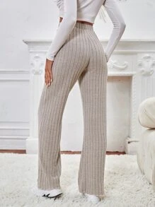 SHEIN Frenchy 腰部抽繩木耳邊條紋針織長褲 - 杏色 - 查看 2