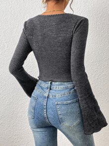 SHEIN Frenchy Sweetheart Neck Twist Front Trumpet Sleeve Tee - Dark Grey - View 2