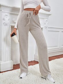 SHEIN Frenchy 腰部抽繩木耳邊條紋針織長褲 - 杏色 - 查看 5