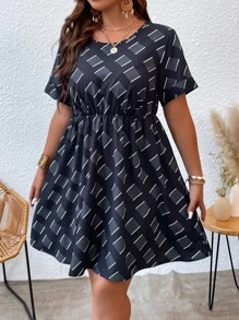 SHEIN LUNE Plus Geo Print A-line Dress - Multicolor - View 1