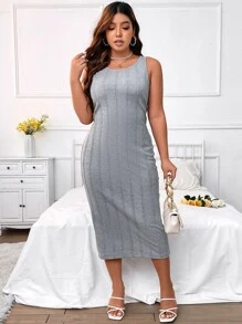 SHEIN LUNE Plus Solid Cable Knit Bodycon Dress - Grey - View 3