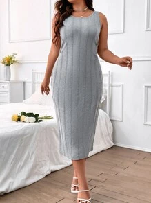 SHEIN LUNE Plus Solid Cable Knit Bodycon Dress - Grey - View 5