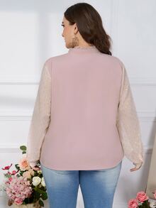SHEIN LUNE Plus Notched Neckline Contrast Dobby Mesh Lantern Sleeve Blouse - Apricot - View 2