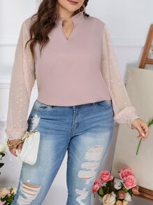 SHEIN LUNE Plus Notched Neckline Contrast Dobby Mesh Lantern Sleeve Blouse - Apricot - View 4