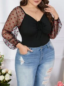 SHEIN Unity Áo liền quần chặt Kích thước lớn Tương phản Mesh Dây kéo Thắt nút Xù cắt Tim Thanh lịch - màu đen - Xem 5