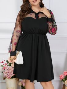 SHEIN LUNE Plus Floral Embroidery Mesh Insert Dress - Black - View 3