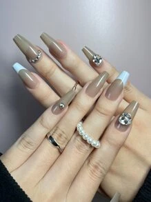 24 piezas Uña postiza larga ataúd con diseño de diamante de imitación & 1 hoja cinta & 1 pieza lima de uña - Multicolor - Ver 1