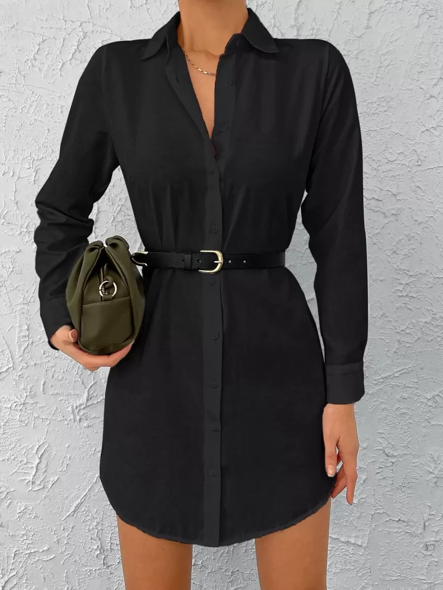 EURMUSE Solid Button Front Shirt Dress Without Belt - Black - View 1