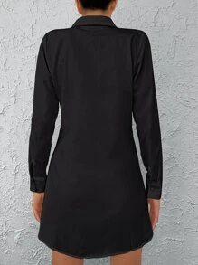 EURMUSE Solid Button Front Shirt Dress Without Belt - Black - View 2