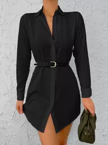 EURMUSE Solid Button Front Shirt Dress Without Belt - Black - View 4