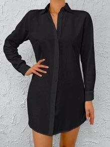 EURMUSE Solid Button Front Shirt Dress Without Belt - Black - View 5