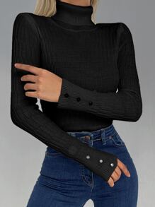 EURMUSE Turtleneck Button Cuff Ribbed Knit Jumper - Black - View 1