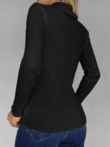 EURMUSE Turtleneck Button Cuff Ribbed Knit Jumper - Black - View 2