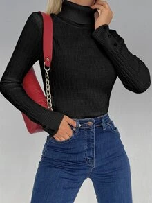 EURMUSE Turtleneck Button Cuff Ribbed Knit Jumper - Black - View 3