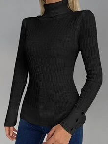 EURMUSE Turtleneck Button Cuff Ribbed Knit Jumper - Black - View 5