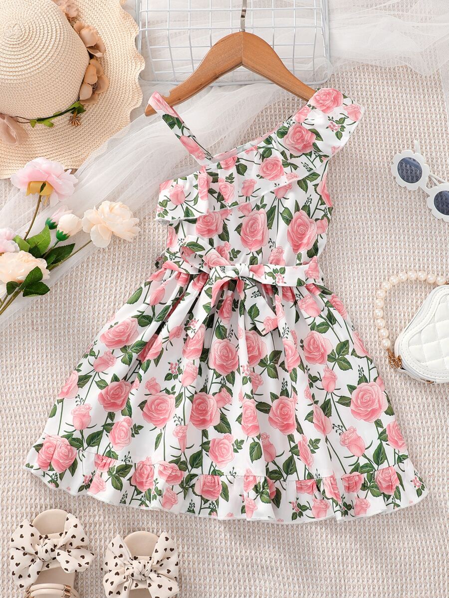 Toddler Girls Floral Print Asymmetrical Neck Ruffle Trim Dress - Multicolor - View 1