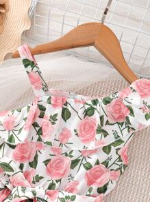 Toddler Girls Floral Print Asymmetrical Neck Ruffle Trim Dress - Multicolor - View 4