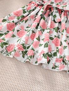 Toddler Girls Floral Print Asymmetrical Neck Ruffle Trim Dress - Multicolor - View 5