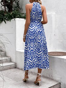 Breezaya Allover Print Belted Halter Dress - Blue - View 2