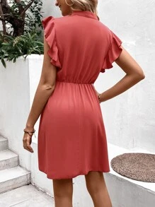 SHEIN LUNE Vestido botão falso acabamento de babados - Marsala - Visão 2