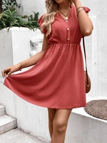 SHEIN LUNE Vestido botão falso acabamento de babados - Marsala - Visão 5