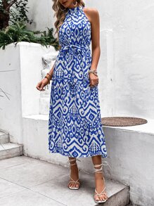 Breezaya Allover Print Belted Halter Dress - Blue - View 5