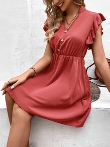 SHEIN LUNE Vestido botão falso acabamento de babados - Marsala - Visão 7