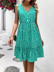 SHEIN Frenchy Allover Print Ruffle Hem Dress - Cadet Blue - View 3