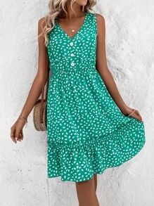 SHEIN Frenchy Allover Print Ruffle Hem Dress - Cadet Blue - View 1