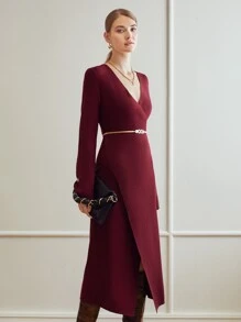 MOTF PREMIUM WRAP JUMPER DRESS WITHOUT BELT - Maroon - View 9