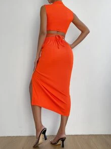 Chiquease 小高領短款背心和抽繩高衩半身裙 - 橘色 - 查看 2