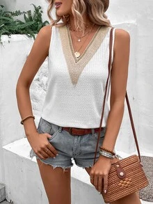 SHEIN LUNE Contrast Guipure Lace Tank Top - White - View 4