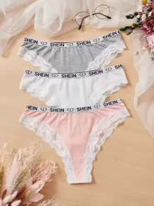 3pack Letter Tape Lace Trim Panty Set