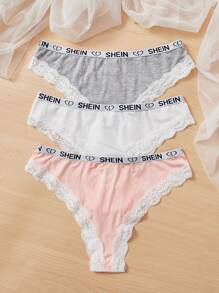 3pack Letter Tape Lace Trim Panty Set