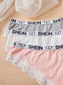 3pack Letter Tape Lace Trim Panty Set