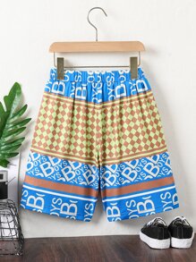 男孩棋盤格和字母圖案斜口袋短褲