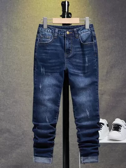 SHEIN Tween Boy Katt Klös Blekt Tvättad Jeans