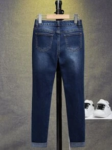 SHEIN 青少年男童貓爪退色洗水牛仔褲 - 深色水洗藍 - 查看 2