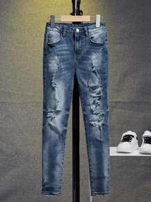 SHEIN Chicos Jeans con lavado desgarro crudo - Azul lavado medio - Ver 6