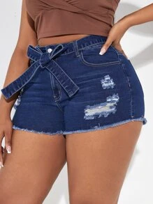 SHEIN SXY Quần short denim oversized Thắt lưng Nút Túi Hem thô Bị tách Dây kéo màu trơn - Rửa tối - Xem 1