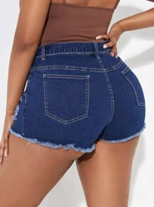 SHEIN SXY Quần short denim oversized Thắt lưng Nút Túi Hem thô Bị tách Dây kéo màu trơn - Rửa tối - Xem 2