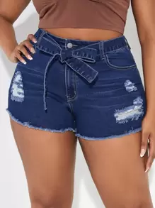 SHEIN SXY Quần short denim oversized Thắt lưng Nút Túi Hem thô Bị tách Dây kéo màu trơn - Rửa tối - Xem 4