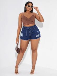 SHEIN SXY Quần short denim oversized Thắt lưng Nút Túi Hem thô Bị tách Dây kéo màu trơn - Rửa tối - Xem 5