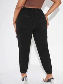 SHEIN Plus Flap Pocket Side Cargo Jeans - Black - View 2