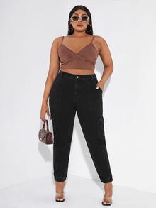 SHEIN Plus Flap Pocket Side Cargo Jeans - Black - View 4