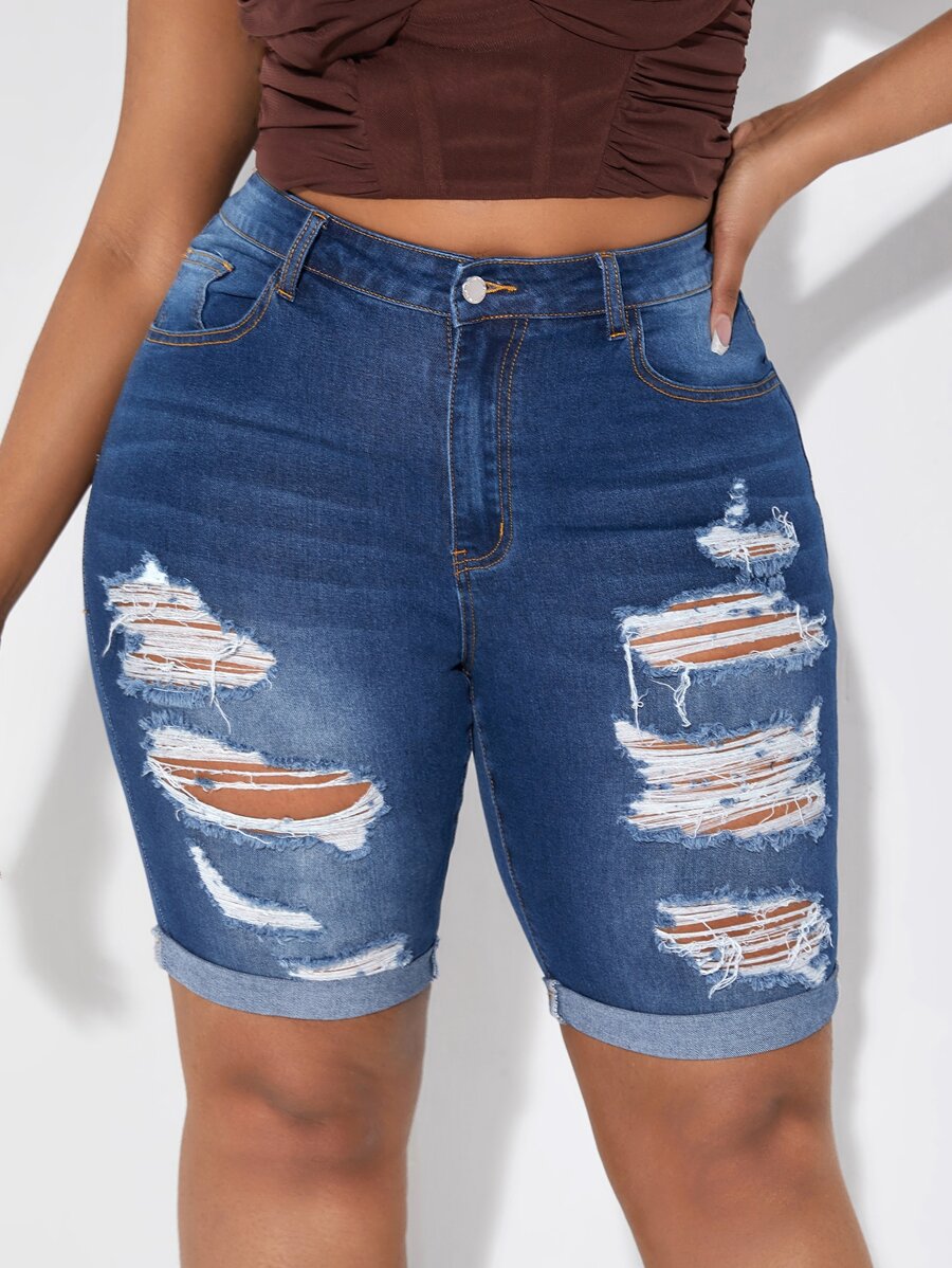 SHEIN SXY Shorts en mezclilla unicolor desgarro bajo de doblez - Azul lavado medio - Ver 1