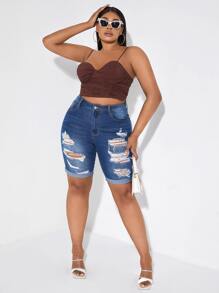 SHEIN SXY Shorts en mezclilla unicolor desgarro bajo de doblez - Azul lavado medio - Ver 3