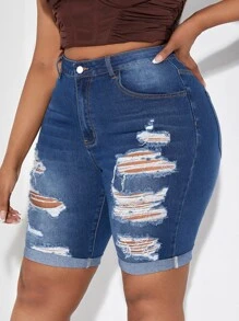 SHEIN SXY Shorts en mezclilla unicolor desgarro bajo de doblez - Azul lavado medio - Ver 5