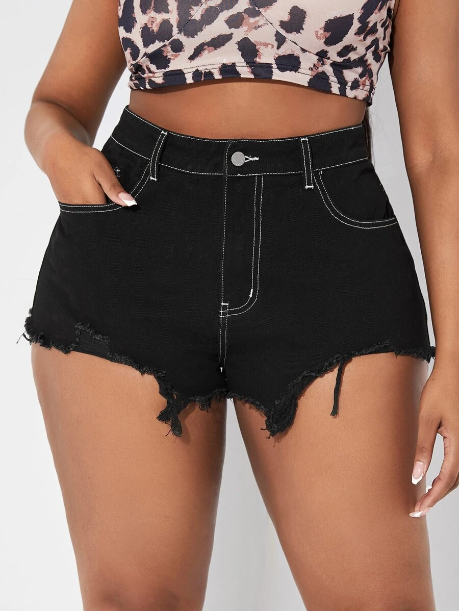 SHEIN SXY Plus High Waist Raw Hem Booty Denim Shorts - Black - View 1